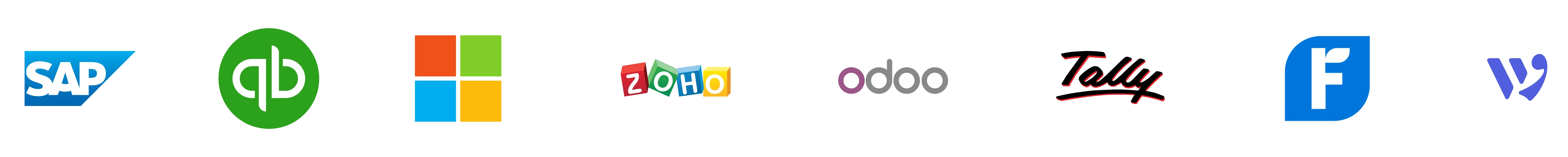 Logos of accounting systems: SAP, QuickBooks, Microsoft, Zoho, Odoo, Tally, Freshbooks and Wave