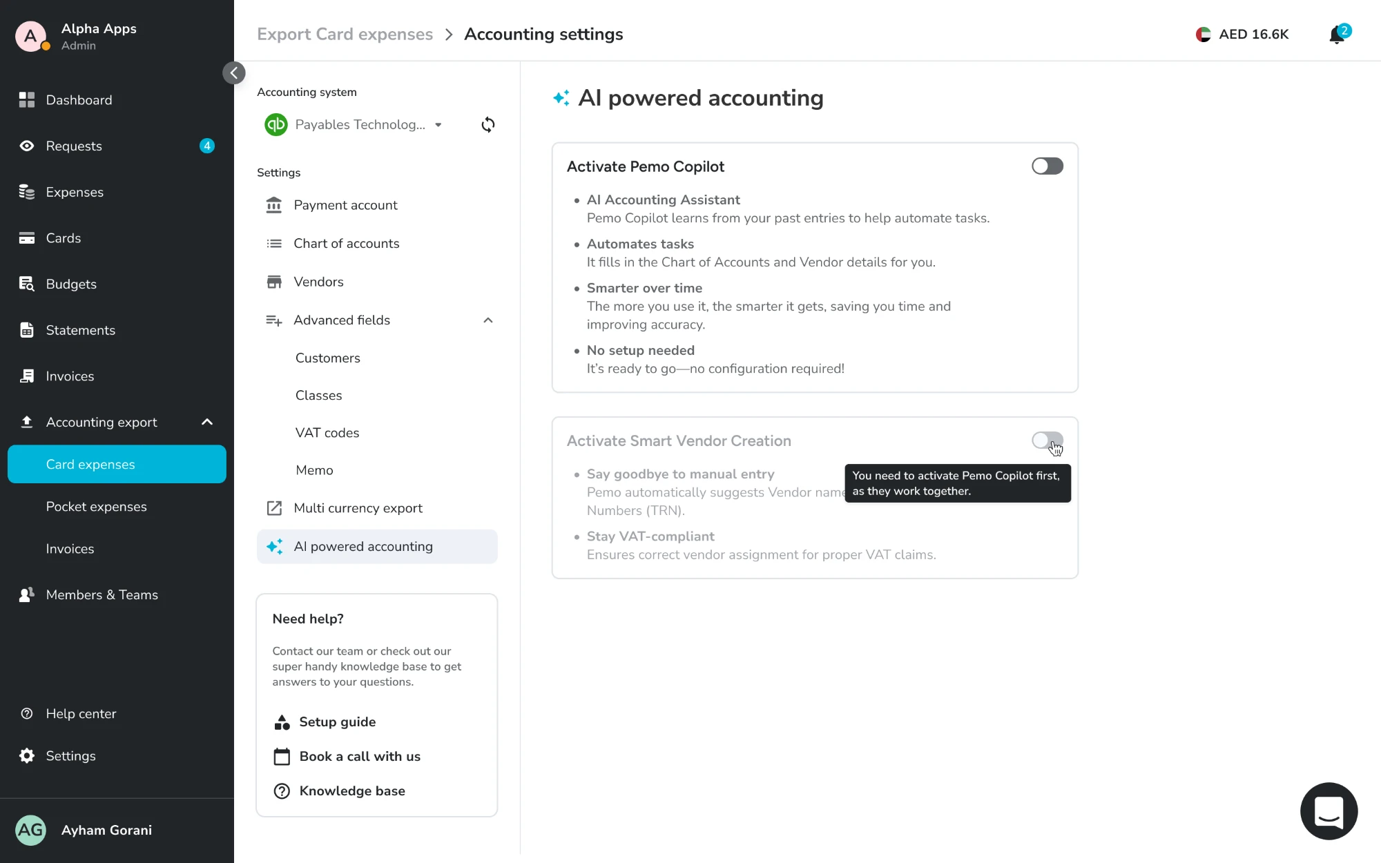 An earlier version of the AI powered accounting settings: an Activate Pemo Copilot switch and a disabled Activate Smart Vendor Creation switch, with a tooltip saying Copilot must be activated first
