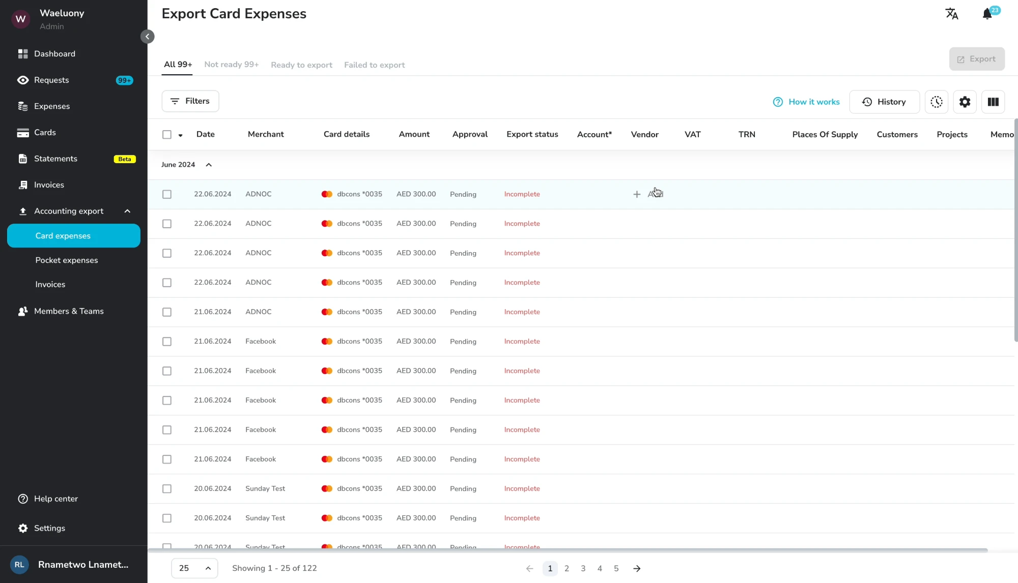 The Export Card Expenses table before Copilot: every row is marked Incomplete and the Account, Vendor and VAT columns are empty, with an Add button appearing on hover