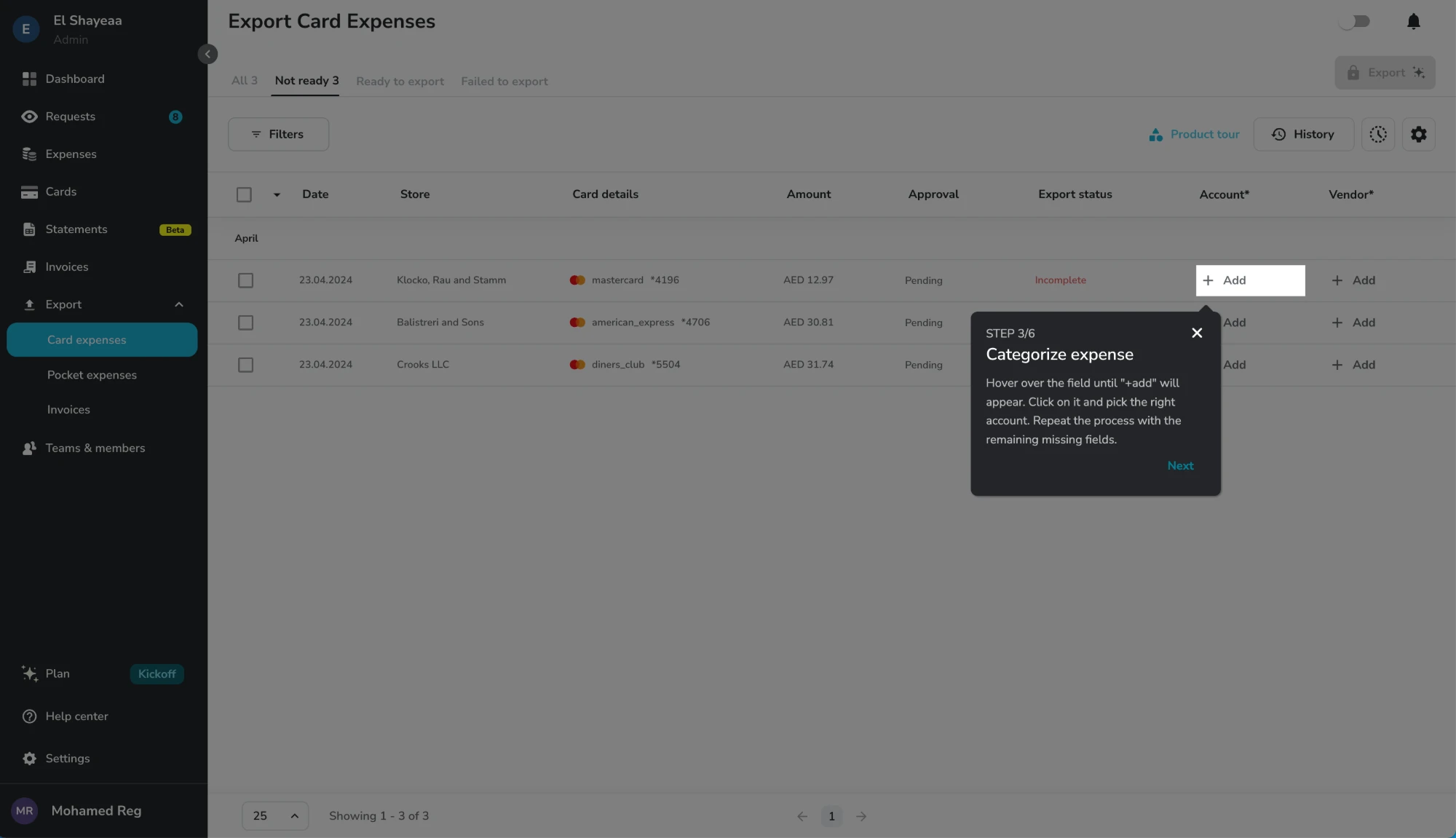 The Export Card Expenses product tour, step 3 of 6, Categorize expense: hover over the field until "+ Add" appears, click it and pick the right account, then repeat with the remaining missing fields