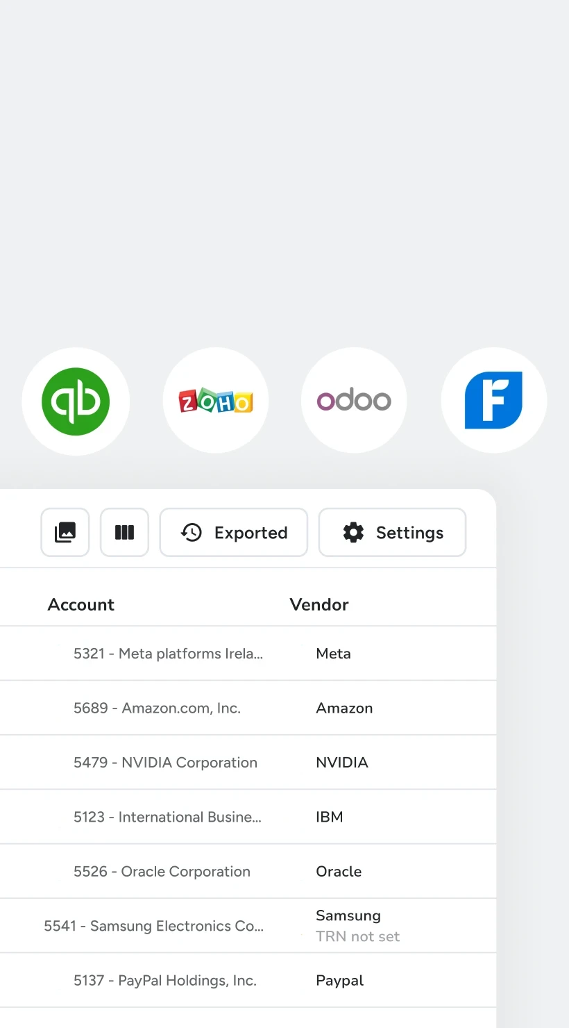 An expense table where Copilot has filled in the account and vendor, each marked with a twinkling sparkle, and an orange one where the vendor’s TRN isn’t set