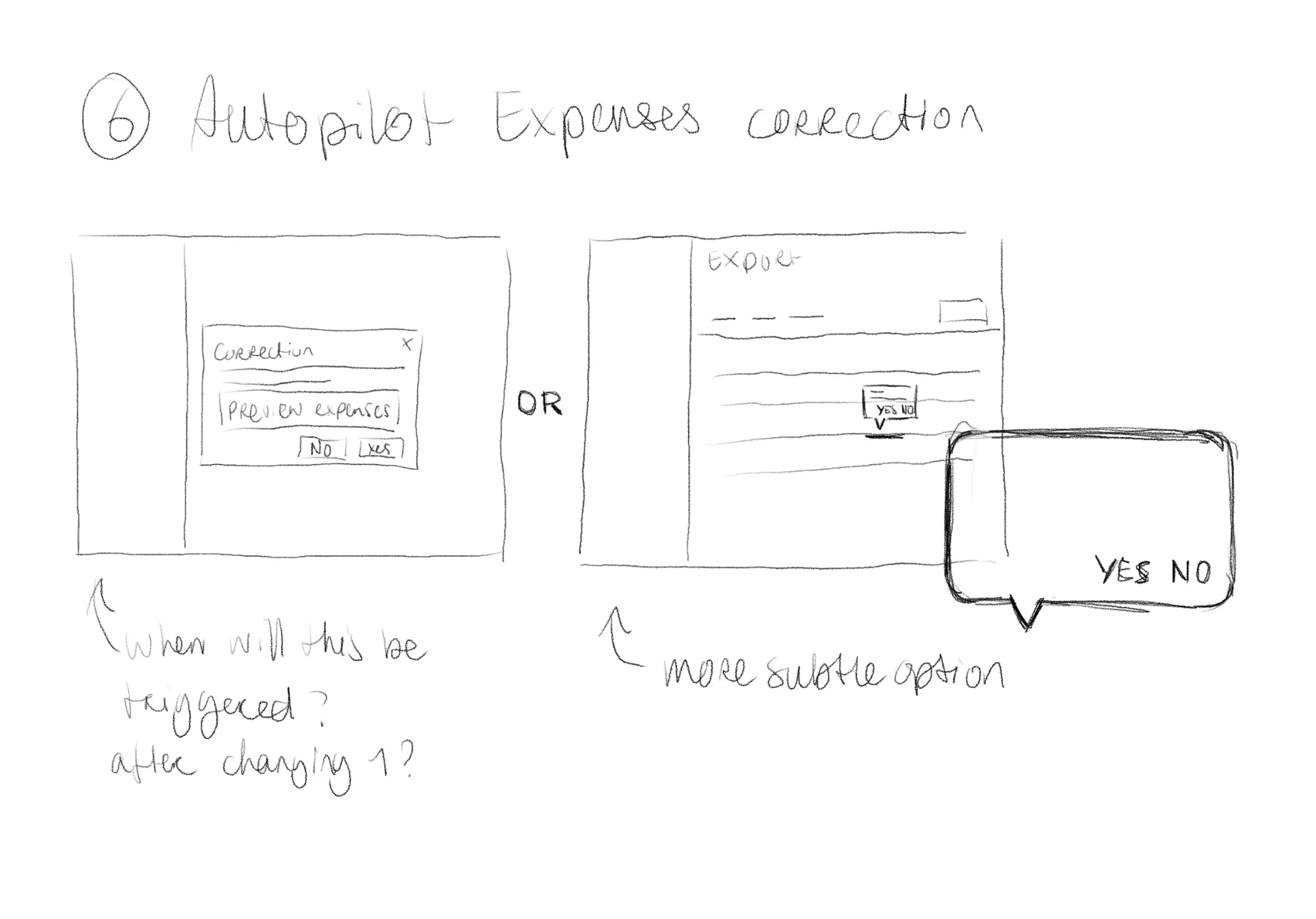 Sketch of the Autopilot expenses correction: a modal with a preview of expenses and No and Yes buttons, or a more subtle inline yes and no prompt beside the row