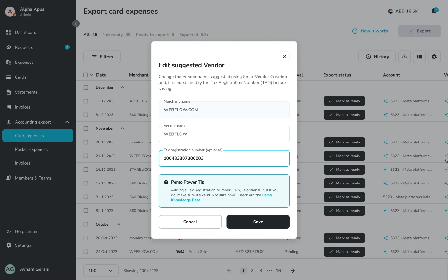 The Edit suggested Vendor dialog with the merchant name WEBFLOW.COM, a vendor name field, an optional Tax registration number field and a Pemo Power Tip about adding a valid TRN