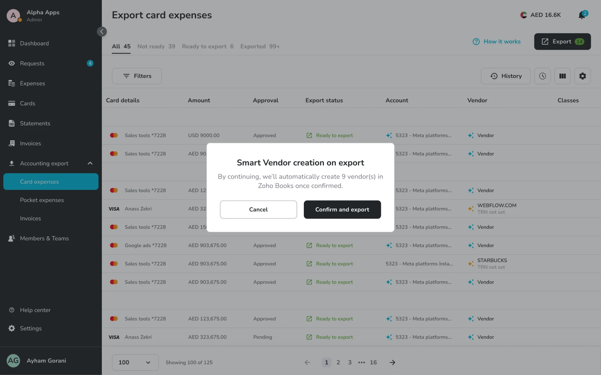 A Smart Vendor creation on export dialog over the table: by continuing, 9 vendors will be created in Zoho Books once confirmed, with Cancel and Confirm and export buttons