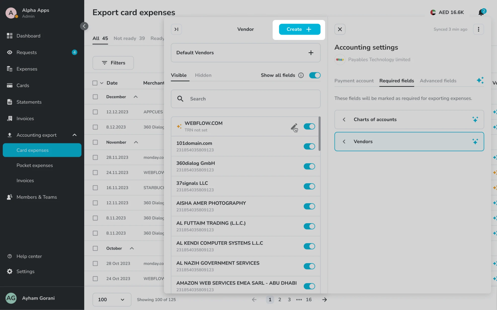 The Vendors list in Accounting settings: WEBFLOW.COM has an orange sparkle and TRN not set, with an edit pencil and a switch, above a list of other vendors and their numbers