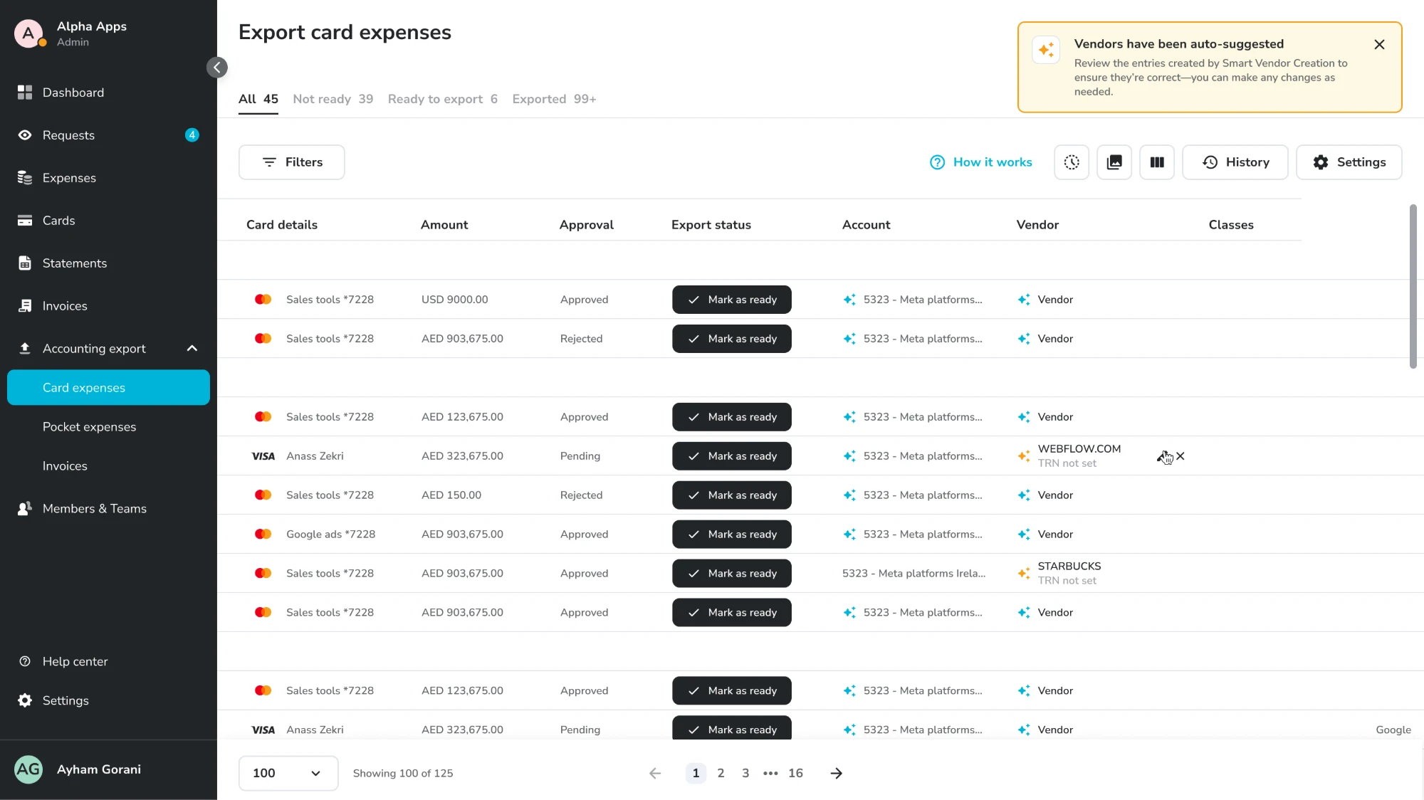 The Export card expenses table with an orange banner reading Vendors have been auto-suggested, asking the user to review the entries created by Smart Vendor Creation