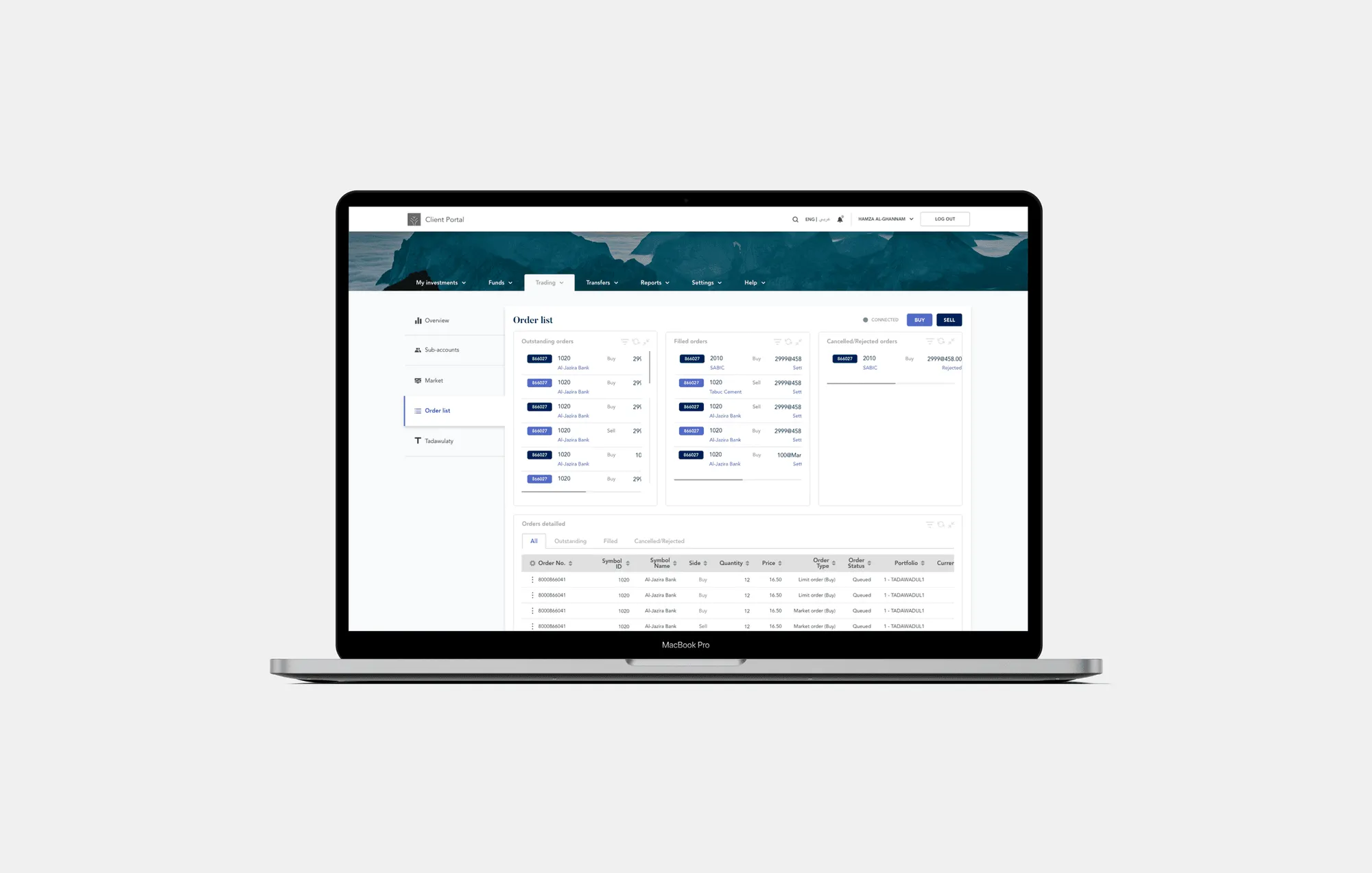 The redesigned Jadwa client portal on a laptop, showing the order list