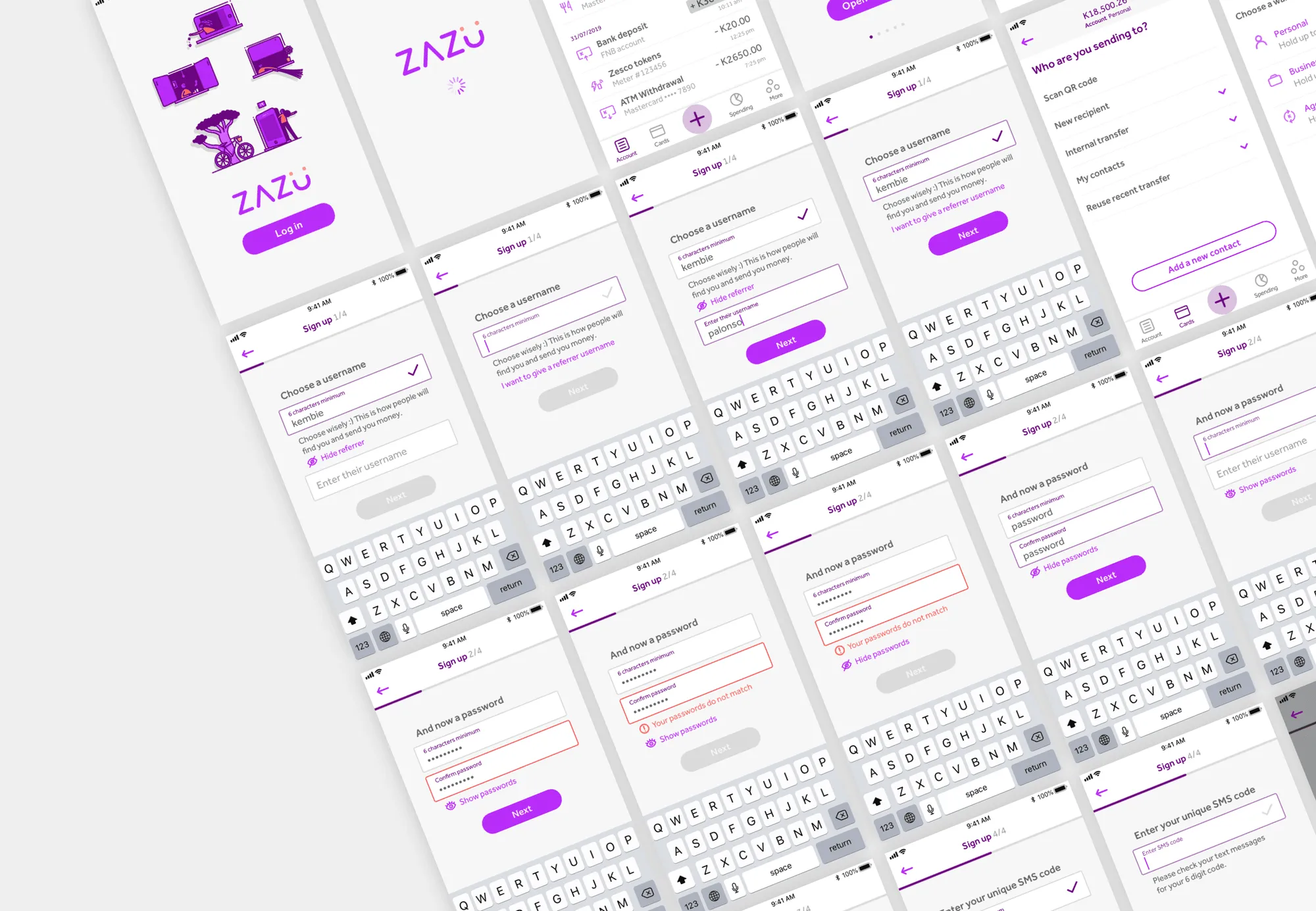 Sign-up and payment screens from the Zazu mobile app