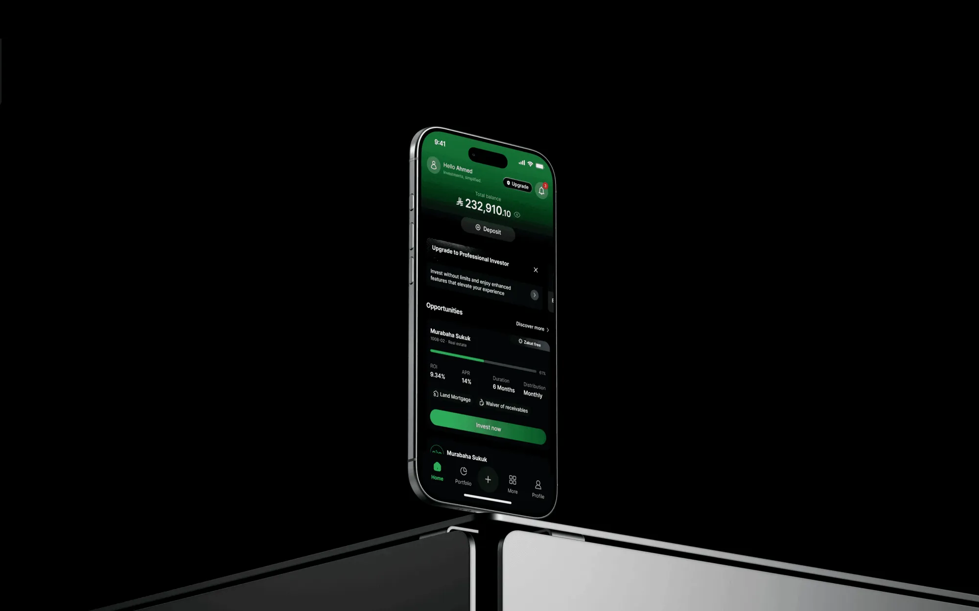 The redesigned Tarmeez investment app on an iPhone, showing the portfolio balance and investment opportunities