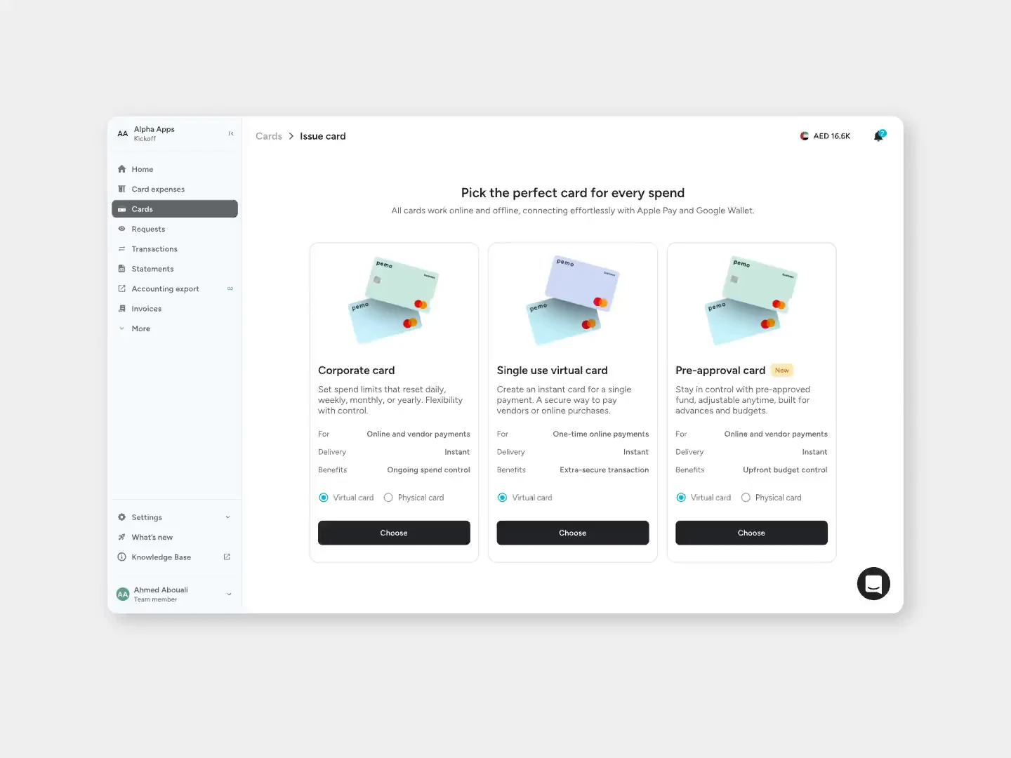 Pemo's card picker in the web app, offering a corporate card, a single-use virtual card and the new pre-approval card