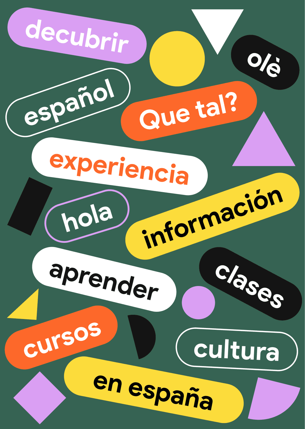 Poster of colourful Spanish words in rounded shapes, from a branding project