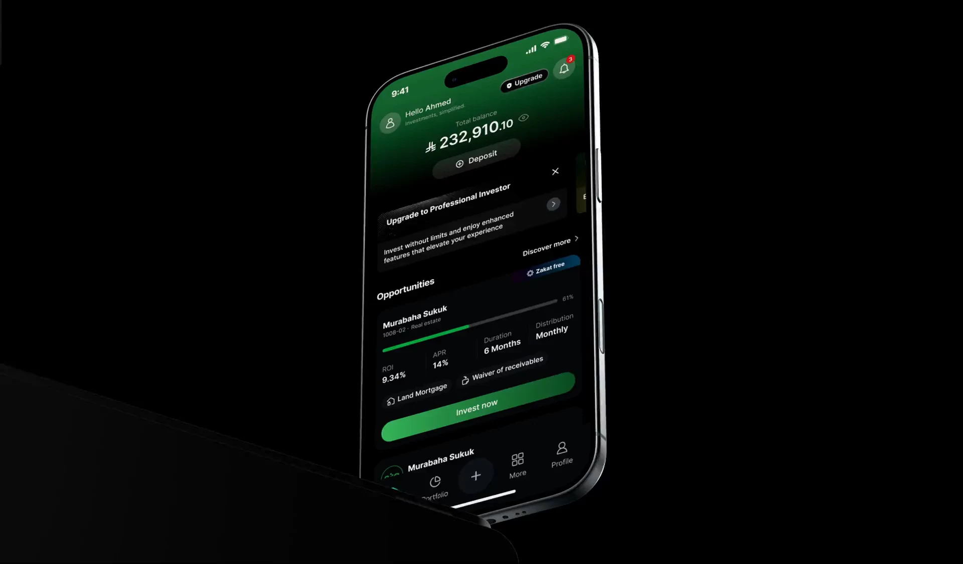 The redesigned Tarmeez investment app on an iPhone, showing the portfolio balance and investment opportunities