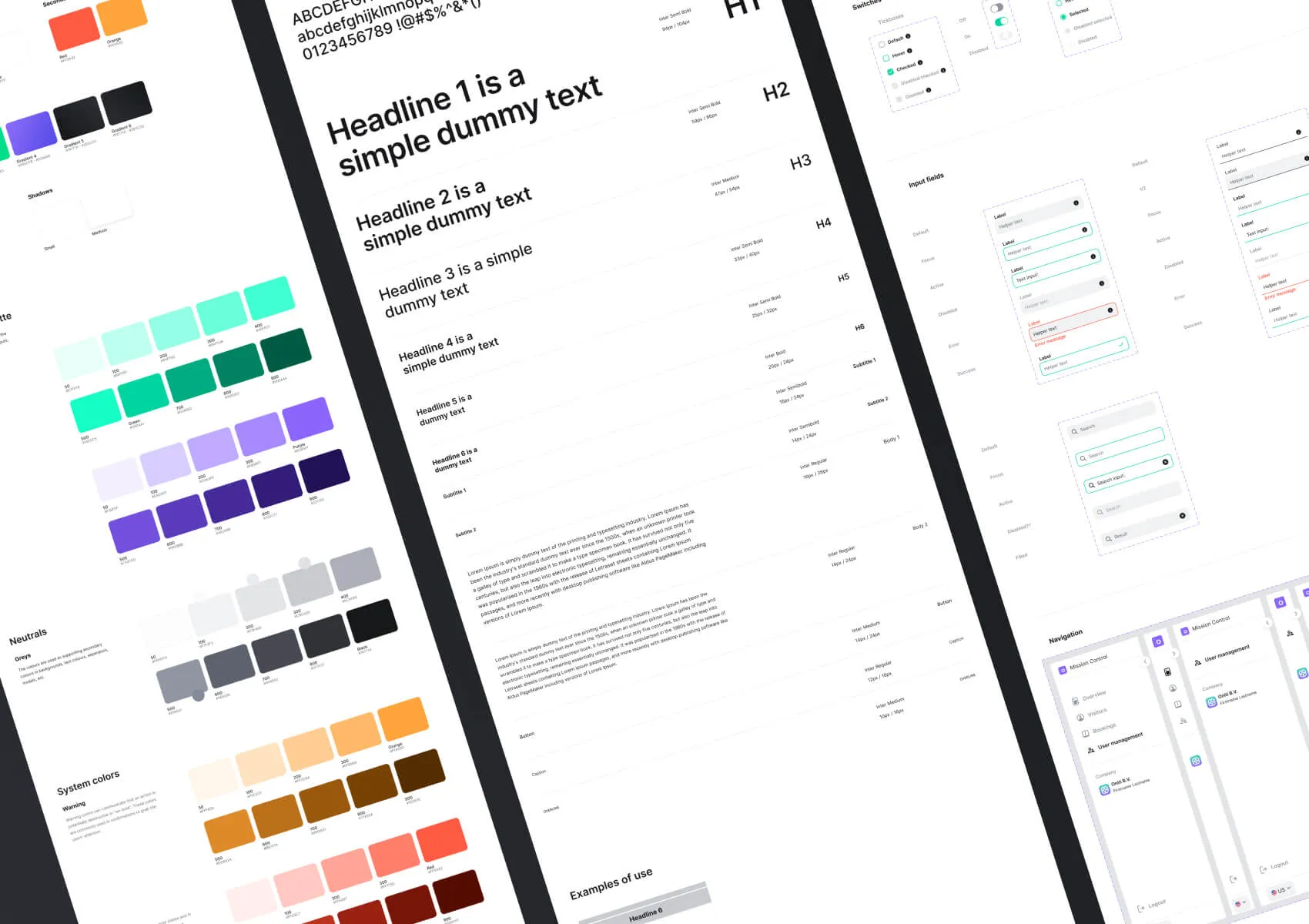 Design system pages with colour palettes, a type scale and form components