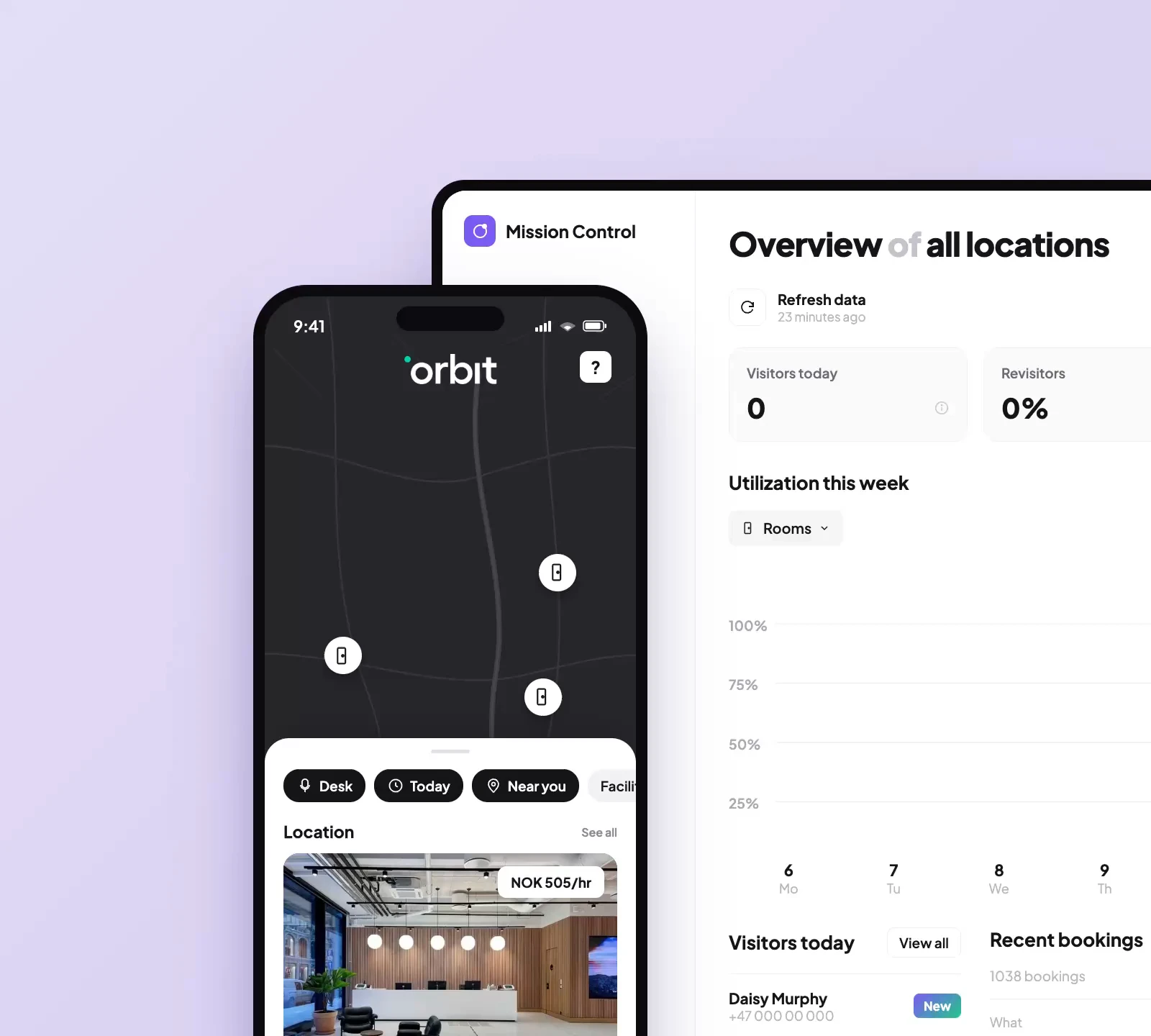 Orbit's phone app and Mission Control dashboard on a lavender background