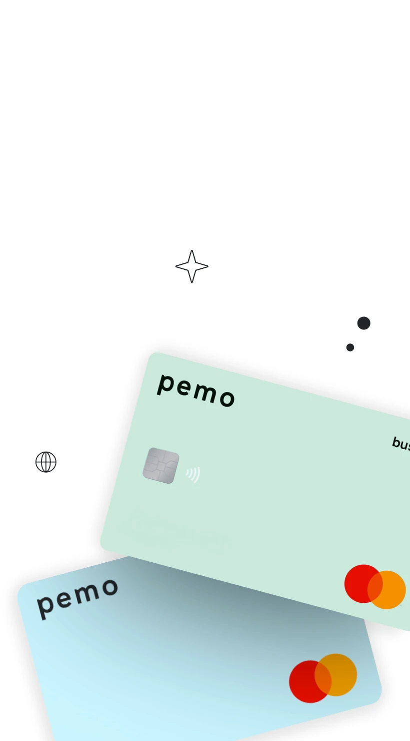 Two tilted pastel Pemo business cards, in mint and light blue, with a sparkle, a globe and two dots floating above them