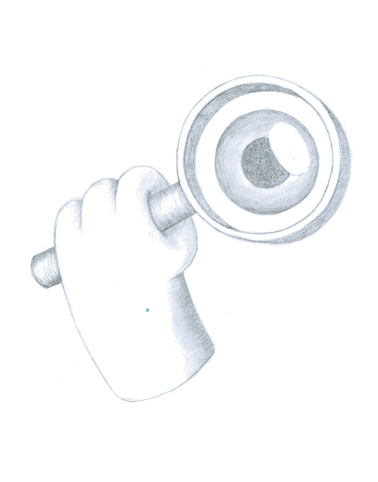 A hand drawn sketch of a hand holding a magnifying glass with an eye